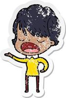 distressed sticker of a cartoon woman talking vector