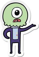 sticker of a cartoon cyclops alien spaceman explaining vector