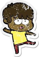 distressed sticker of a cartoon exhausted boy vector