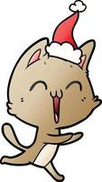 happy gradient cartoon of a cat meowing wearing santa hat vector