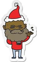 sticker cartoon of a dismissive man with beard frowning wearing santa hat vector