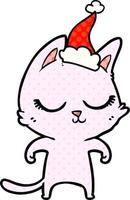 calm comic book style illustration of a cat wearing santa hat vector
