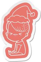 cartoon  sticker of a annoyed hipster girl wearing santa hat vector
