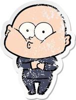 distressed sticker of a cartoon bald man staring vector