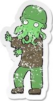 retro distressed sticker of a cartoon alien man vector