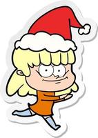 sticker cartoon of a smiling woman wearing santa hat vector