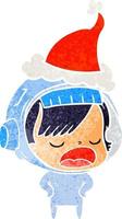 retro cartoon of a astronaut woman explaining wearing santa hat vector