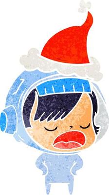 retro cartoon of a astronaut woman explaining wearing santa hat