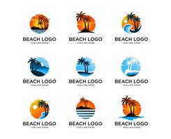 conjunto de logotipo de playa con plantilla de vector de diseño de logotipo de montaña, sol y palmera