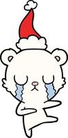 crying polar bear line drawing of a wearing santa hat vector