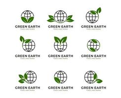 Green world logo design with tree leaf globe vector icon design template