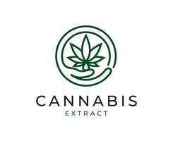 logo de cáñamo mano sosteniendo hierba con una hoja de marihuana. logotipos de aceite de cannabis medicinal vector