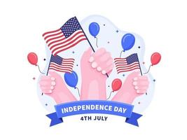 la gente sostiene la bandera nacional de estados unidos para celebrar el día de la independencia de estados unidos el 4 de julio. feliz día de la independencia de estados unidos. se puede utilizar para tarjetas de felicitación, postales, pancartas, afiches, web, folletos, etc. vector