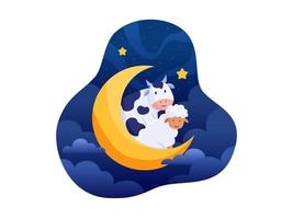 Eid Al Adha Cartoon Illustration With Cute Sheep And Cow In Crescent Moon At Night. Suitable for Greeting card, postcard, poster, banner, print, web, landing page, book, flyer, etc vector