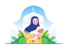 Cute hijab Woman carry a sheep to sacrifice when Eid Al Adha Mubarak. Flat vector illustration Eid Al Adha. Suitable for greeting card, postcard, web, social media, landing page, book, print, etc