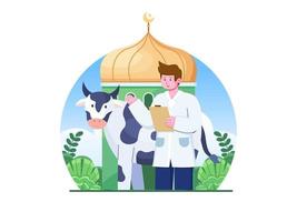 Veterinarians are checking the health of the sacrificial animals to avoid foot and nail disease. Suitable for infographic, banner, poster, web, print, flyer, presentation, social media, etc vector