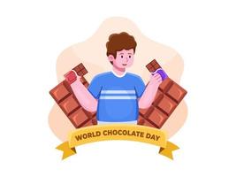 ilustración vectorial de un hombre celebra el día mundial del chocolate. adecuado para tarjetas de felicitación, alimentación, redes sociales, web, impresión, etc. vector