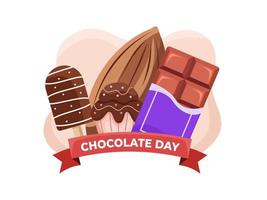 ilustración de dibujos animados del día mundial del chocolate con cacao, barra de chocolate, pastel de taza, hielo de chocolate. adecuado para publicaciones en redes sociales, web, tarjetas de felicitación, postales, libros, etc. vector