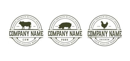 Set of Farm Cattle cow Pork Chicken Livestock Beef Emblem Label logo design vector