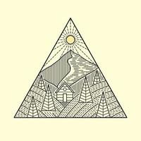 The cottage in nature mountain in mono line art design for badge patch pin t-shirt design vector