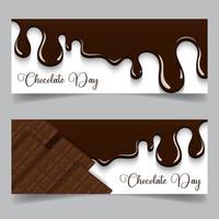 diseño de pancartas en las redes sociales del día del chocolate, con chocolate derretido y barras de chocolate para publicidad en las redes sociales vector