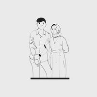 pareja de garabatos planos de arte gráfico, mujer, hombre, amante, amor, musulmán, casado. dibujo de contorno dibujado a mano aislado en un fondo blanco vector