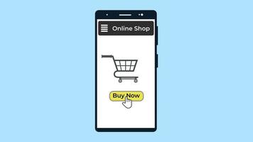 Online shopping and buying with a smartphone 4K animation. Order online and buy now button 4K footage for digital business. Purchase online with a mobile phone and shopping cart animated video. video