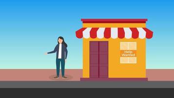 Businesswoman asking for help with 4K animation. Girl flat character animation with a 2D store. Lady employee hiring people and waving her hand in front of a store 4K footage. video