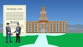 A student getting a loan and shaking hands with a banker 4K animation. University study loan 4K footage with male flat characters and college building. Student loan paper animation with a young man. video
