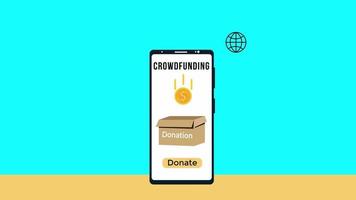 crowdfunding-app 4k-animatie met een meisje dat geld doneert. liefdadigheidscollectie mobiele applicatie 4k-beeldmateriaal met een plat meisje. donatiegeld inzamelen voor geanimeerde video voor arme mensen.