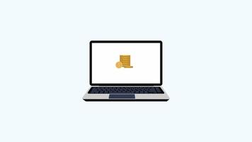 servizio di banking online animazione 4K con un laptop. metraggio 4K dell'app bancaria e finanziaria con un personaggio maschile e icone di Internet. concetto di aumento dei soldi di affari con l'animazione dell'icona della moneta d'oro. video