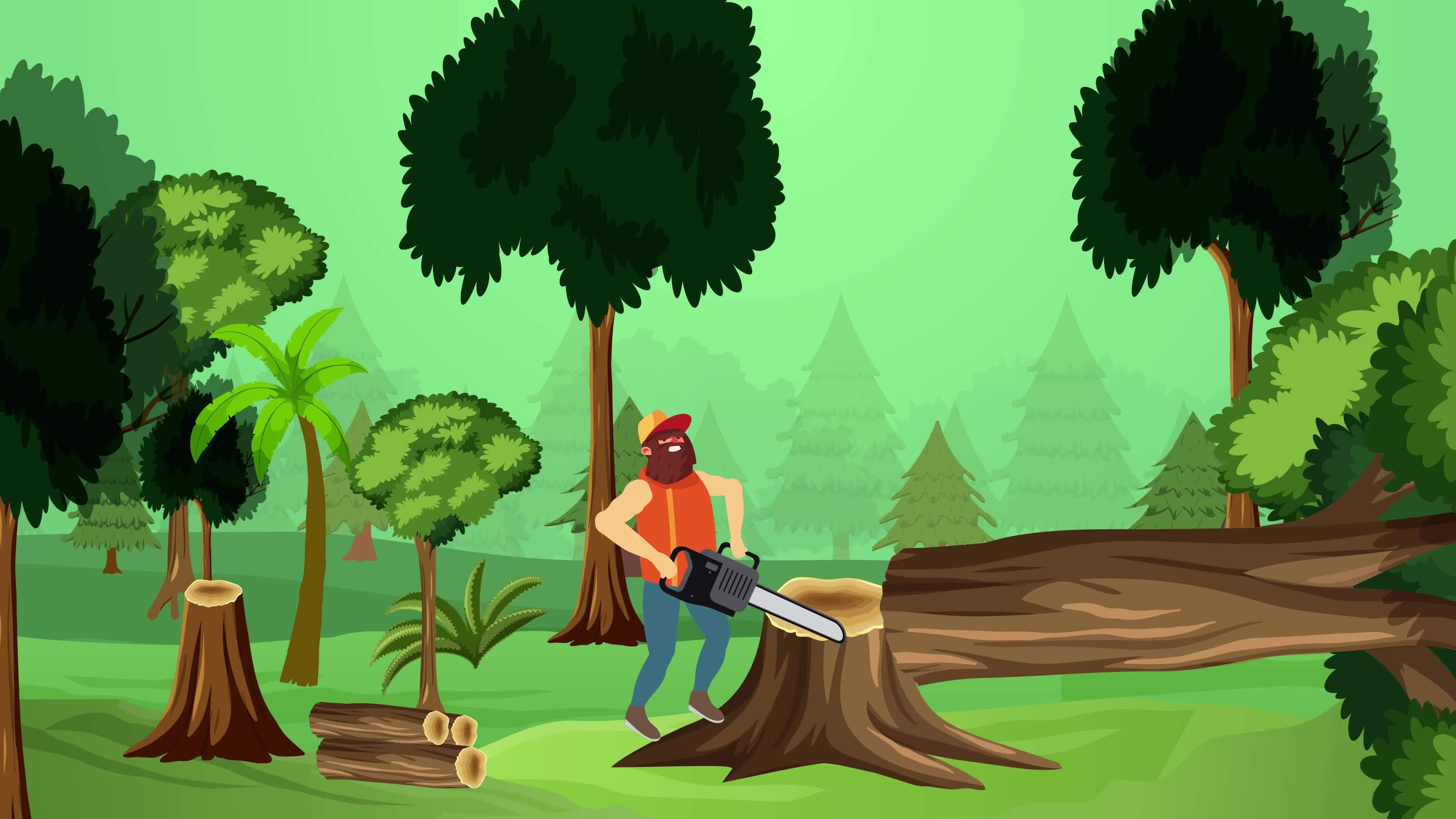 Lumberjack cutting big tree 4K animation. Muscular wood cutter with a long  beard and chainsaw 4K footage. Deforestation and cutting wood concept with  lumberjack flat character animation. 8710621 Stock Video at Vecteezy