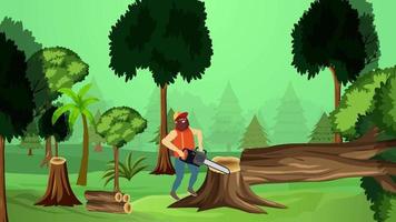 Lumberjack cutting big tree 4K animation. Muscular wood cutter with a long beard and chainsaw 4K footage. Deforestation and cutting wood concept with lumberjack flat character animation.