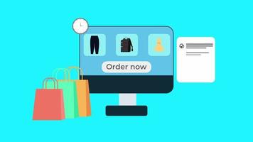 Online shopping and purchasing animation with colorful shopping bags. Buying clothes online and paying money with card 4K footage. Shop from home with computer monitor animated video. video