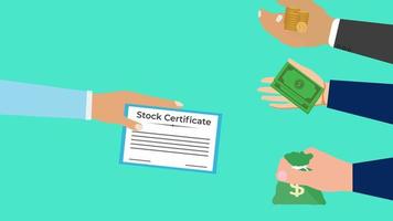 A stock exchange or buy and selling concept 4K animation. Stock market money exchange footage with human hands and certificate. Stock marketing with money sack, money bundle, and gold coins animation. video