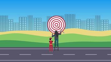 un personaje femenino coloca una flecha en una animación 4k de tablero de dardos. personaje plano masculino ayudando a una mujer en un metraje de 4k de carretera urbana. fondo de paisaje urbano con carácter plano y animación de tablero de dardos. video
