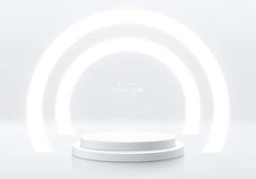 Realistic white, silver 3D cylinder pedestal podium with circle tunnel neon lighting background. Abstract minimal scene for mockup products display, Futuristic stage showcase. Vector geometric forms.