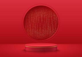 Realistic red, golden 3D cylinder pedestal podium with golden glitter in circle hole luxury background. Abstract minimal scene for mockup products display, Stage for showcase. Happy chinese new year. vector