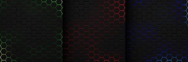 Set of abstract black hexagon pattern on neon light blue, Red and green background in technology style. Modern futuristic vector geometric shape. Can use for cover template, poster, flyer, print ad.