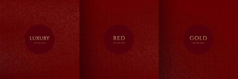 Set of shiny golden dots glitter pattern on dark red background. Collection of luxury and elegant halftone texture with copy space. Can use for cover template, poster, banner, print ad. Vector EPS10.