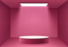 Realistic red maroon, Pink abstract 3d studio room with realistic pedestal podium and glowing ceiling light. Abstract minimal wall scene for mockup products display, Stage for showcase. Vector EPS10.