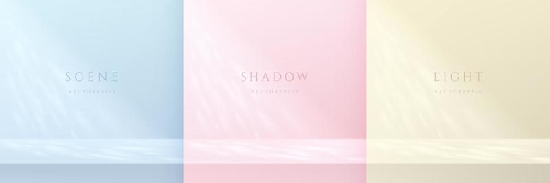 Set of blue, pink, yellow beige background with window lighting and leaf shadow overlay. Abstract minimal scene for products display or copy space. Desk, table with light and shadow on the wall.