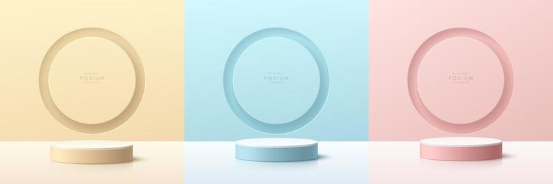 Set of pink, yellow, blue, white realistic 3d cylinder pedestal podium with circle hole scene background. Abstract minimal scene for mockup products display. Stage showcase. Light and shadow in room.