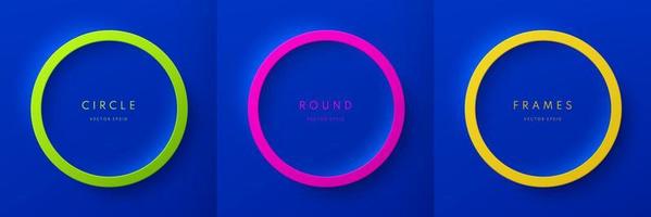 Set of yellow, pink, green 3D round frame on blue background. Abstract circle podium for product display or copy space. Collection of geometric background. Top view scene design. Vector illustration.