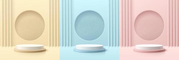 Set of pink, yellow, blue, white realistic 3d cylinder pedestal podium with glitter in circle hole. Vector geometric forms design. Abstract minimal scene for mockup products display, Stage showcase.