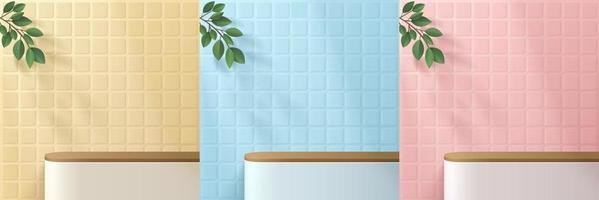 Set of realistic 3d wood desk or stand podium on pink, yellow and blue square tile wall with green leaf. Vector geometric forms. Abstract minimal scene for products stage showcase, Promotion display.