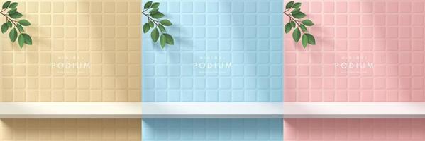 Set of realistic 3d white shelf or podium on pink, yellow and blue square tile wall with green leaf. Vector geometric forms. Abstract minimal scene for products stage showcase, Promotion display.