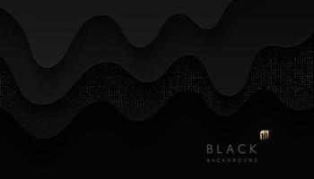 Abstract black wavy shape overlap layers with glowing golden glitter dots on dark background. Luxury and elegant template with copy space. Can use for brochure, poster, banner web, print. Vector EPS10