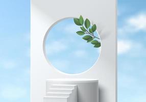 Realistic 3D white cylinder stand podium with stair, blue sky and green leaf background. Vector abstract room with geometric forms design. Minimal wall scene for products display. Stage for showcase.