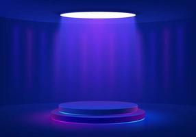 Realistic dark blue cylinder pedestal podium with glowing  round ceiling neon light in futuristic style. Minimal scene for mockup products, Stage showcase, Promotion display. Vector abstract 3D room.